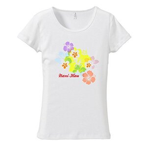 (L)ホワイト【tf075】パステルカラーカラフルハイビスカスデザイン*　フラダンス　メール便発送　Tシャツ半袖　送料無料ハワイ・フラ　