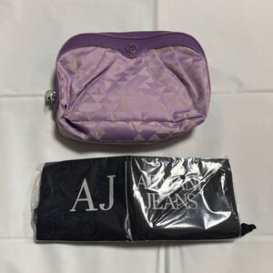 新品未使用 送料一律600円 ARMANI JEANS アルマーニ ジーンズ ポーチ ナイロン レザー パープル シルバー金具 保存袋付き