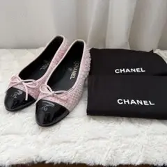 美品CHANEL ツイード バレエシューズ ピンク×ブラック 34C