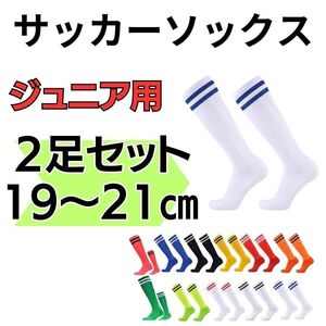 サッカーソックス　2足セット ２本ライン ジュニア　白×青　19～21　ストッキング くつ下　高学年　中学生　ホワイト　フットサル