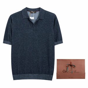 Loro Piana　ロロピアーナ メンズ 半袖 ニットTシャツ 麻綿 ネイビー Lサイズ リネンシャツ ニットカットソー トップス 夏 紳士服