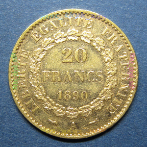 フランス　エンゼル　20フラン金貨　1890A