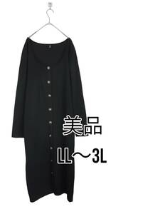 即決　◯7　美品　【2XL・LL～3L】　ブラック　センター　フェイクボタン　ワンピース　大きいサイズ　ゆうパプラス410円