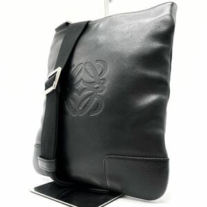 1円〜【美品】LOEWE ロエベ ショルダーバッグ トート アナグラム シルバー金具 メンズ オールレザー 本革 ブラック クロスボディ 斜め掛け 