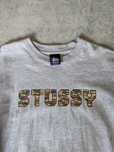 OLD STUSSY カモフラ ロゴ Tシャツ Ｍ グレー 半袖 ステューシー 90s ヴィンテージ アーカイブ 初期 黒 USA製 アメリカ 80s 灰色 迷彩