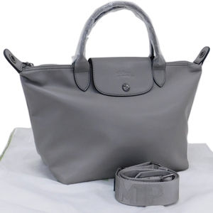 1円 ■ 新品同様 ロンシャン 2wayバッグ グレー系 レザー お出掛け シンプル LONGCHAMP ■E.Csig.tI-13