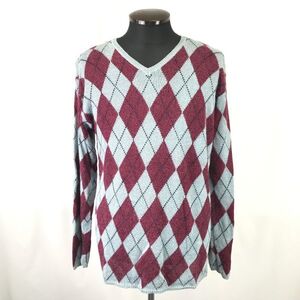 ビームス/BEAMS★麻55%/Vネック/長袖セーター【メンズL/水色系×赤系/light blue×red】アーガイル/Tops/sweater◆BH397