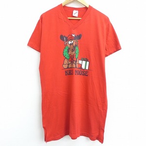 古着 半袖 ビンテージ Tシャツ ワンピース レディース 80s トナカイ クリスマス ロング丈 Vネック 赤 レッド 21jun08 中古