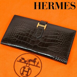 定価１３０万円超【未使用級・唯一無二】エルメス HERMES ベアン アリゲーター 長財布 ゴールドH金具 ブラック 黒色 クロコ メンズ