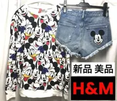 新品美品　2点セット　裏起毛　スウェット　ミッキー　デニムショートパンツ　H&M