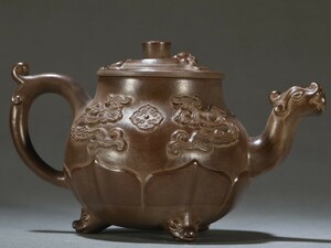 古びた蔵『清 陽羨邵友蘭製 陶磁器 紫砂急須 堆彫龍紋紫砂茶壺』極細工 急須 茶道具 茶壷 古美術 陶芸 中国古玩