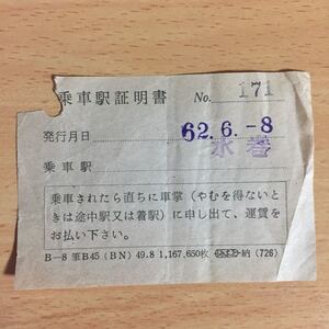 国鉄使用済 乗車駅証明書 水巻