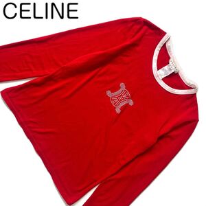 【送料無料】celine セリーヌ　トリオンフ　マカダム　長袖　Tシャツ　赤　白　バイカラー　ビッグロゴ レディース　L レッド