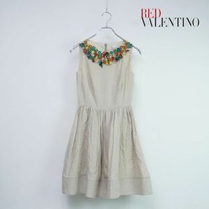 RED VALENTINO レッドヴァレンティノ 襟フラワーコサージュ リネン100% ノースリーブフレアワンピース レディース ベージュ サイズ38*QC119