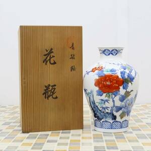 △和風 インテリア ｜伊万里 鍋島窯 花瓶 花器 陶器｜青磁釉 ｜古美術品 骨董 花柄 有田焼 広口 色鍋島 客間用 高級 桐箱付き■O4301