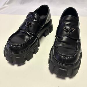 希少◇PRADA プラダ モノリスブラッシュドレザー 6 1/2 マキシソール ローファー スニーカー レースアップシューズ