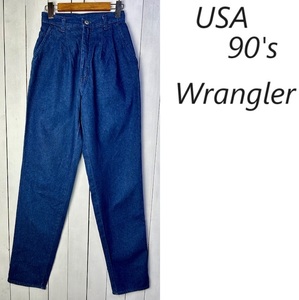 USA古着 90s Wrangler タック入りデニムスラックスパンツ 2 S～M オールド ヴィンテージ ラングラー 濃紺 ライトオンス トラウザーズ ●223