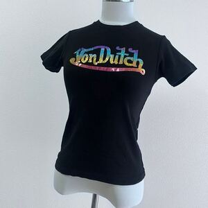 y2k Tシャツ　VON DUTCH　ボンダッチ　キラキラ　レインボー　ロゴ　ちびT ピチT 黒　半袖Tシャツ Black ブラック Tシャツ　61031FH