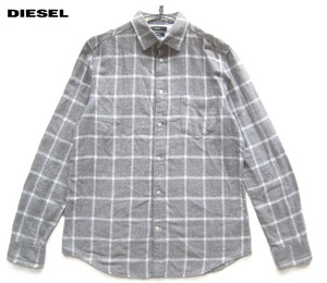 美品!!ディーゼル DIESEL*金属ロゴプレート付き ほつれ加工 チェック柄コットンフランネルシャツ XL グレー×白