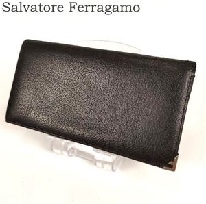 フェラガモニつ折り長財布 メンズ レザーブラック 黒Fマーク金具 シルバーSalvatore Ferragamo 中古札入れカード入れサルヴァトーレ