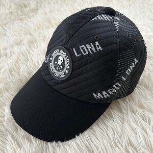 新品同様 希少 総柄 MARK&LONA マークアンドロナ メンズ キャップ 帽子 ブラック 黒 スカル ドクロ 総ロゴ ワッペン ゴルフウェア 