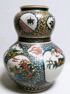 九谷焼　色絵花鳥図瓢箪形花入 角福銘 高さ約30.5cm 花器 花生 色絵磁器