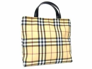 1円 ■美品■ BURBERRY バーバリー ノバチェック PVC×レザー ハンドバッグ トートバッグ レディース ベージュ系×ブラック系 FC9371