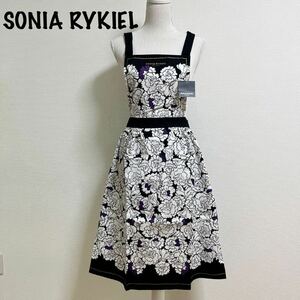 新品　タグ付　SONIA RYKIEL TABLIERS エプロン 花柄 ブラック　ホワイト　パープル　ゴールドロゴ　ソニアリキエル　日本製　上品　総柄