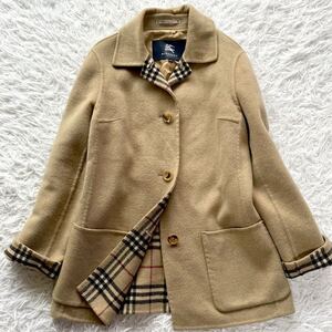 極上カシミヤ● BURBERRY LONDON バーバリーロンドン ダブルフェイス ウール リバーコート ノバチェック ミドル丈 ベージュ 38 M