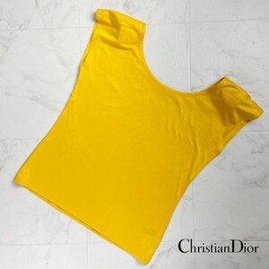 美品 Christian Dior クリスチャンディオール ワイドネック 肩パットあり ノースリーブカットソー トップス レディース 黄色 サイズM*RC428