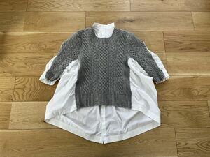 2022 sacai サカイ Wool Knit Pulloverドッキングシャツ ケーブル ニット プリーツ プルオーバー シャツ ブラウス