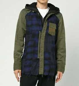 14th addiction 17AW　フード　パッチワーク　チェック　シャツ　レイヤード　パーカー　サイズ２　定価44000