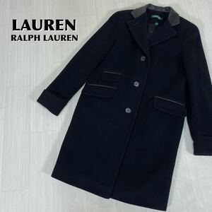 LAUREN RALPH LAUREN ラルフローレン 襟レザー センターベント ひざ丈 ウール レディース チェスターコート サイズ2 M相当 ブラック 古着