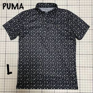 プーマ【PUMA】ハーフボタン半袖シャツ ボタンダウン 総柄 ロゴ刺繍 Lサイズ ブラック×ホワイト/黒白 海藻 貝 ヒトデ 海 ゴルフ？スポーツ