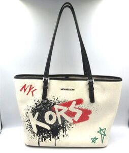 ◇ MICHAEL KORS マイケルコース グラフィティ レザー×キャンバス トートバッグ 落書き風 ブラック×アイボリー 35S0SF7T2R