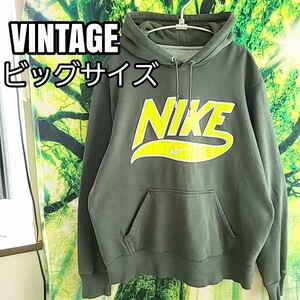 希少デザイン 00s 2000年代 ビンテージ NIKE ナイキ 立体 ロゴ 濃緑 スウェット 肉厚 パーカー スウェット だぼだぼ オーバーサイズ 人気