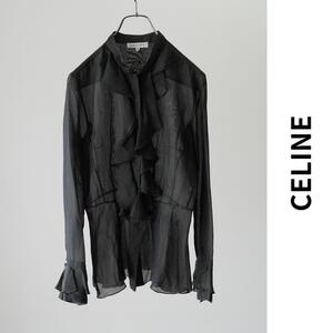 美品 CELINE セリーヌ シャツブラウス フリル ノーカラー 薄手 シアーシャツ シルクブレンド 長袖 フリルカフス 近年モデル 36 