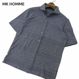 MK HOMME ミッシェルクラン オム 春夏★ リンクス チェック × ボーダー 半袖 サマー ニット シャツ Sz.46　メンズ 紺　A4T07852_7#A