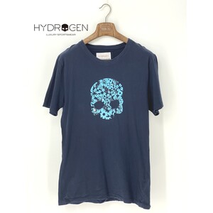 A8594/春夏 HYDROGEN ハイドロゲン コットン 半袖 花柄 フェルト ドクロ スカル クルーネック Tシャツ カットソー L 紺/メンズ 三喜商事