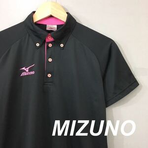 ミズノ MIZUNO ボタンダウン 半袖 ドライポロシャツ トレーニングウェア ロゴ 刺繍 トップス ブラック ピンク メンズ Sサイズ ♭◇