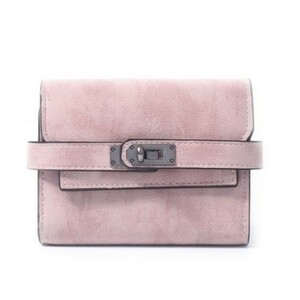 財布 二つ折り アンティークレザー風 バッグのようなベルト シンプル (ピンク)