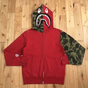 1st camo green × Red 袖切り替え シャーク パーカー Mサイズ shark full zip hoodie a bathing ape BAPE エイプ ベイプ 迷彩 w010