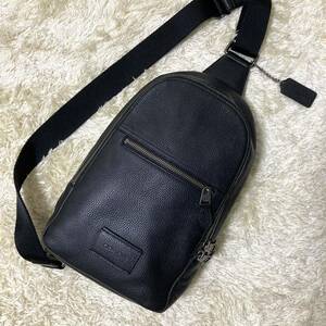 1円〜 極美品 コーチ COACH ショルダーバッグ ボディバック レザー 本革 シボ革 ブラック 黒 メンズ 斜めかけバッグ ロゴ型押し