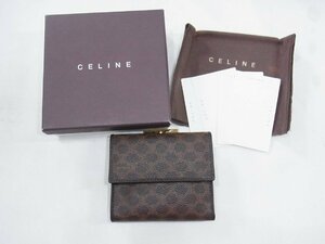 セリーヌ CELINE がま口 二つ折りコンパクト財布 マカダム PVCレザー ブラウン 中古美品
