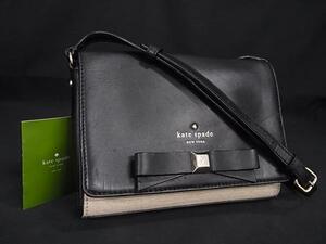 1円 ■美品■ kate spade ケイトスペード PXRU4998 ホーリー ストリート レザー×キャンバス リボン ショルダーバッグ ブラック系 BK4321