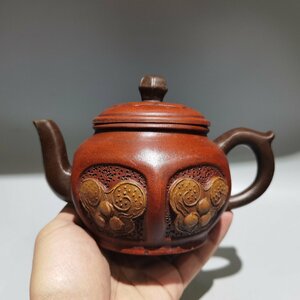 ◆古寳堂◆清代 紫砂壺 圓六方壺 王南林 紅泥 茶具 茶道品 極細工 古置物 古擺件 中国古美術 時代物 古董品