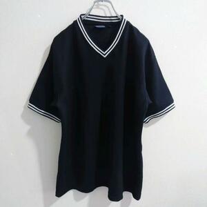 【大きいサイズ L】『VIRGIN VOYAGE』ポリ メッシュ カットソー【L】半袖 Tシャツ　シャツ　メンズ　ブラック　黒　Ｖネック