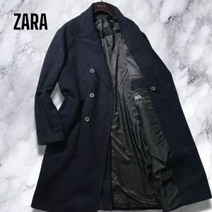 極上カシミヤ!!!超弩級XL級マキシ丈!!! ZARA MAN ダブル チェスターコート ウール 超ロング ビジネス ネイビー 紺色 ザラ メンズ LL相当