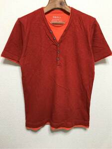 [即決古着]UNIQLO/ユニクロ/Tシャツ/半袖/重ね着風/レイヤード風/ヘンリーVネック/赤茶色×オレンジ/Sサイズ