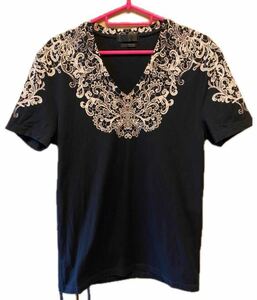 国内正規 14SS ALEXANDER McQUEEN アレキサンダー マックイーン ラウンドネック プリント Ｖネック Tシャツ カットソー 黒 S 340220 QCZ64